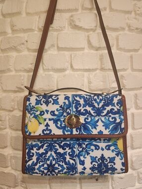 Santorini Style Blue Tile & Lemons Print Crossbody Bag W/Brown Faux Leather Trim